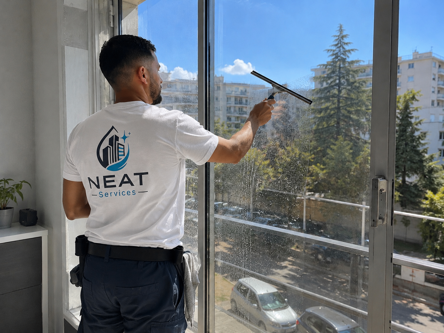 Technicien NEAT Services nettoyant une vitre
