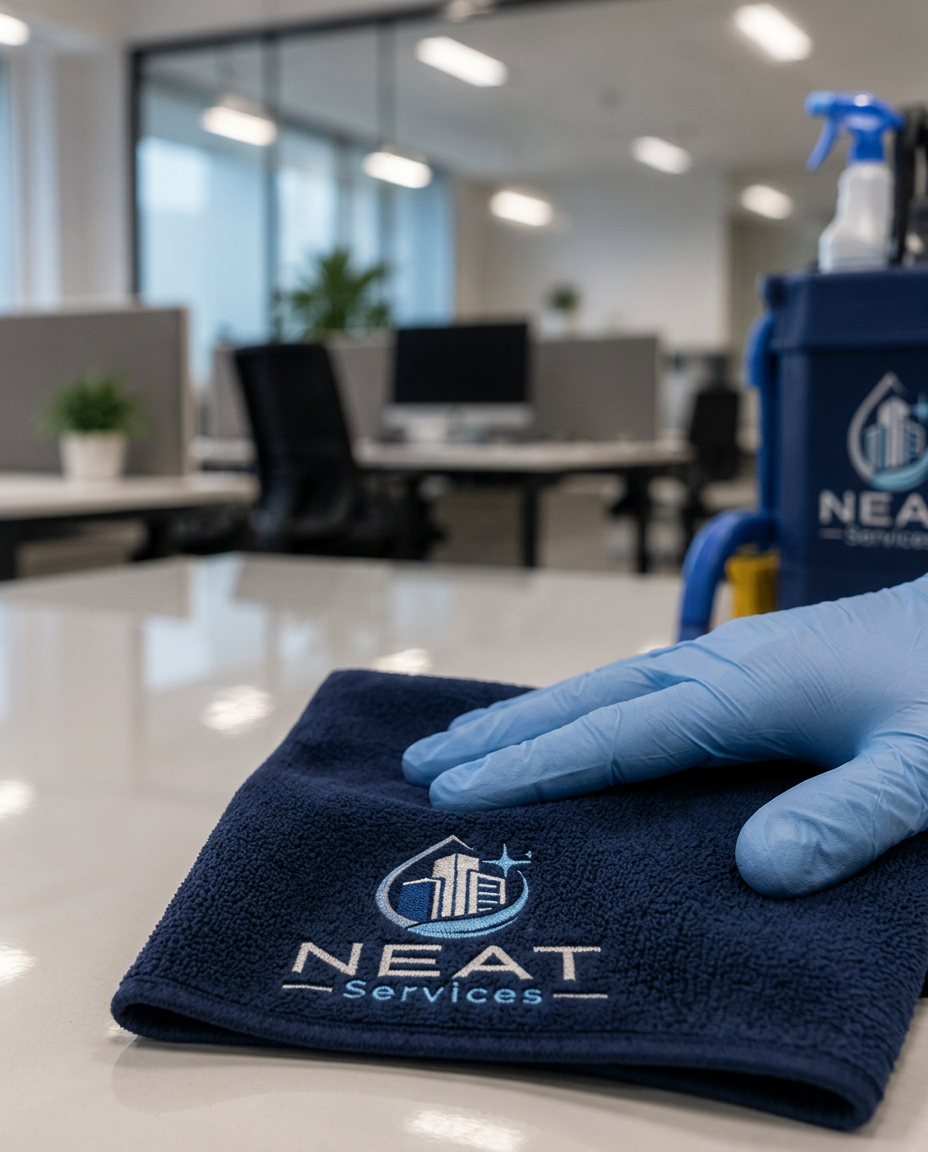 Nettoyage professionnel avec chiffon NEAT Services dans un bureau